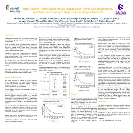 What Factors Predict Outcome At Relapse After Previous Esophagectomy And Adjuvant Therapy in High-Risk Esophageal Cancer? Edward Yu 1, Patricia Tai 5,