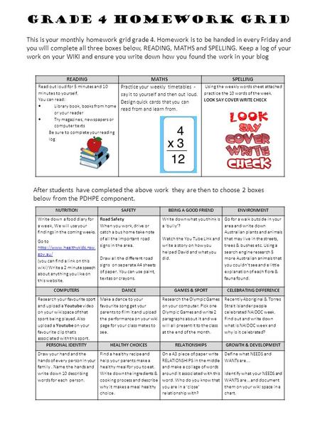 Grade 4 Homework Grid This is your monthly homework grid grade 4. Homework is to be handed in every Friday and you will complete all three boxes below,