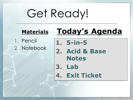 Get Ready! Materials 1.Pencil 2.Notebook Today’s Agenda 1.5-in-5 2.Acid & Base Notes 3.Lab 4.Exit Ticket 1.5-in-5 2.Acid & Base Notes 3.Lab 4.Exit Ticket.