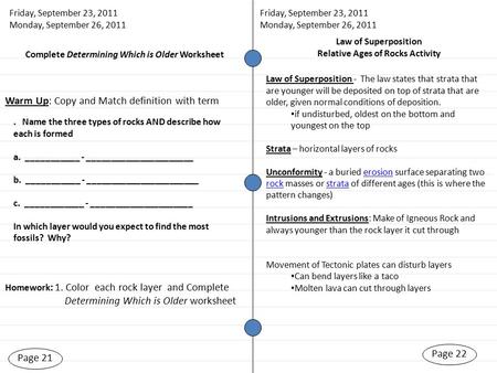 Page 21 Homework : 1. Color each rock layer and Complete Determining Which is Older worksheet Page 22 Friday, September 23, 2011 Monday, September 26,