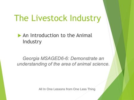 The Livestock Industry  An Introduction to the Animal Industry All In One Lessons from One Less Thing Georgia MSAGED6-6: Demonstrate an understanding.