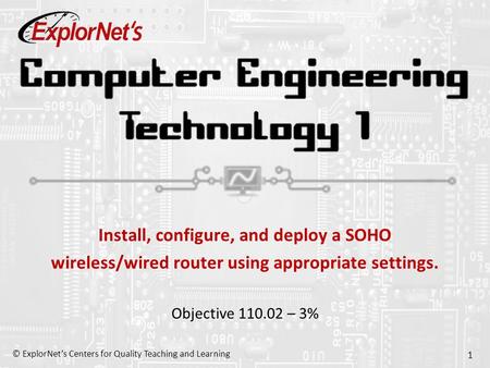 © ExplorNet’s Centers for Quality Teaching and Learning 1 Install, configure, and deploy a SOHO wireless/wired router using appropriate settings. Objective.