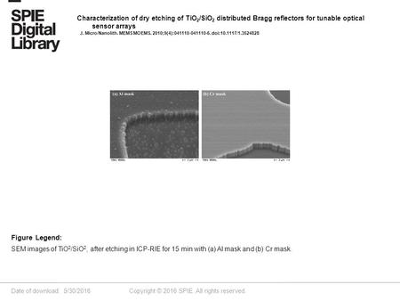 Date of download: 5/30/2016 Copyright © 2016 SPIE. All rights reserved. SEM images of TiO 2 /SiO 2, after etching in ICP-RIE for 15 min with (a) Al mask.