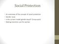 Social Protection An overwiew of the concept of social protection Gender issue Is the current model gender-equal? Group-work Making transition just for.