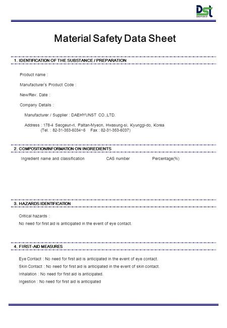 Material Safety Data Sheet 1. IDENTIFICATION OF THE SUBSTANCE / PREPARATION 2. COMPOSITION/INFORMATION ON INGREDIENTS 3. HAZARDS IDENTIFICATION Product.