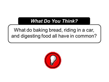 What is a Chemical Reaction? What do baking bread, riding in a car, and digesting food all have in common? What Do You Think?