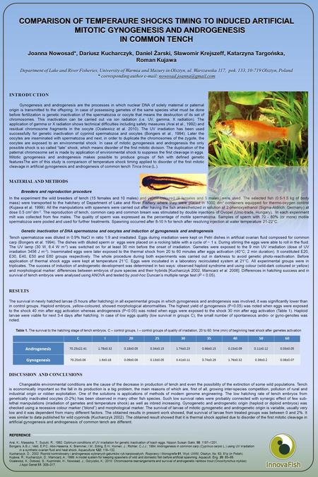 COMPARISON OF TEMPERAURE SHOCKS TIMING TO INDUCED ARTIFICIAL MITOTIC GYNOGENESIS AND ANDROGENESIS IN COMMON TENCH Joanna Nowosad*, Dariusz Kucharczyk,