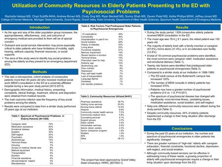 Utilization of Community Resources in Elderly Patients Presenting to the ED with Psychosocial Problems Rachelle Halasa MS, Chad Sutliffe MHA, Andrew Brown.