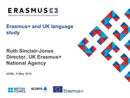 Erasmus+ and UK language study Ruth Sinclair-Jones Director, UK Erasmus+ National Agency UCML, 6 May 2016.