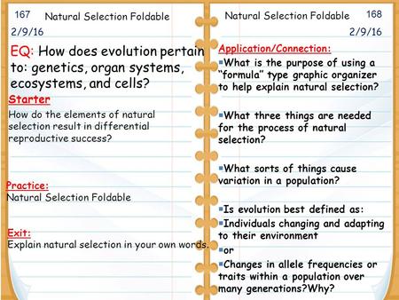 2/9/16 Starter How do the elements of natural selection result in differential reproductive success? 2/9/16 167 168 Natural Selection Foldable Application/Connection: