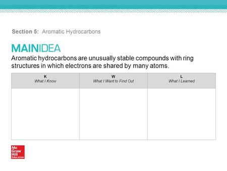 Aromatic hydrocarbons are unusually stable compounds with ring structures in which electrons are shared by many atoms. Section 5: Aromatic Hydrocarbons.