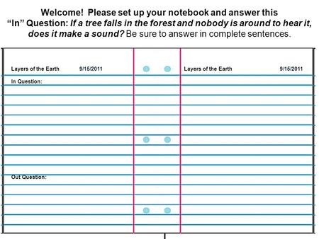 Welcome! Please set up your notebook and answer this “In” Question: If a tree falls in the forest and nobody is around to hear it, does it make a sound?