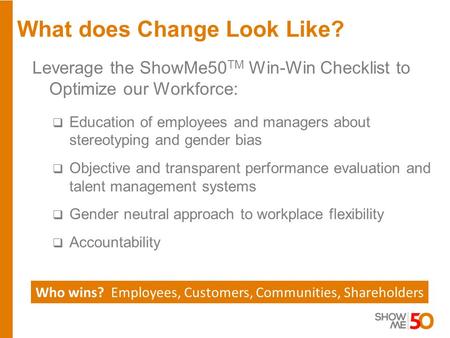 What does Change Look Like? Who wins? Employees, Customers, Communities, Shareholders Leverage the ShowMe50 TM Win-Win Checklist to Optimize our Workforce: