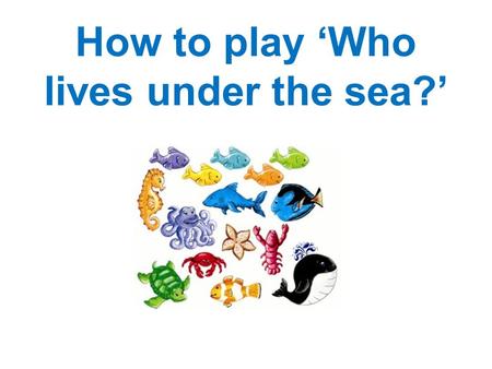 How to play ‘Who lives under the sea?’. Instructions Click on the animals that you think don’t live under the sea. If you are correct the animals will.