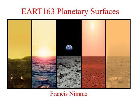 EART163 Planetary Surfaces Francis Nimmo. Last week – “Water” Subsurface water – percolation, sapping Surface flow –Water discharge rates –Sediment transport.