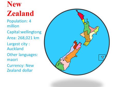 New Zealand Population: 4 million Capital:wellingtong Area: 268,021 km Largest city : Auckland Other languages: maori Currency: New Zealand dollar.