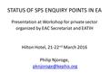 STATUS OF SPS ENQUIRY POINTS IN EA Presentation at Workshop for private sector organized by EAC Secretariat and EATIH Hilton Hotel, 21-22 nd March 2016.