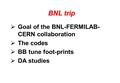 BNL trip  Goal of the BNL-FERMILAB- CERN collaboration  The codes  BB tune foot-prints  DA studies.