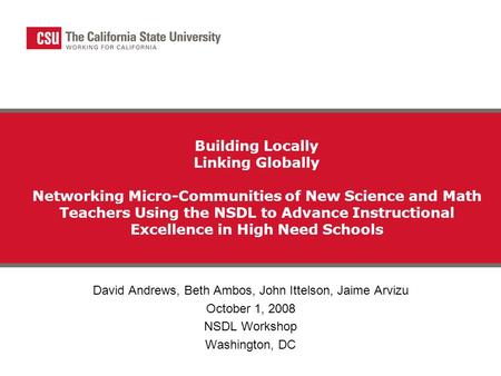 Building Locally Linking Globally Networking Micro-Communities of New Science and Math Teachers Using the NSDL to Advance Instructional Excellence in High.