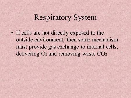 Respiratory System If cells are not directly exposed to the outside environment, then some mechanism must provide gas exchange to internal cells, delivering.