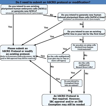 Please submit an hSCRO Protocol or modify an existing protocol. (Refer to Provenance policy document, IBC and/or IRB approval may still be required) Do.