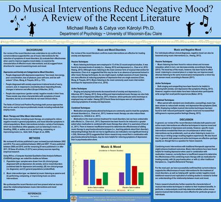 Music and Mood Disorders Our review of the recent literature confirms music interventions are effective for treating anxiety and depression: Passive Techniques.