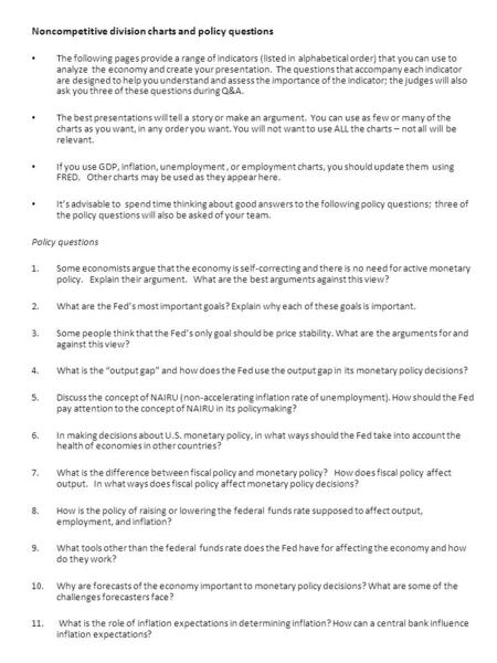 Noncompetitive division charts and policy questions The following pages provide a range of indicators (listed in alphabetical order) that you can use to.