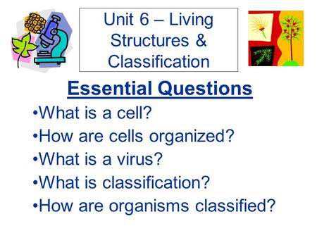 Unit 6 – Living Structures & Classification Essential Questions What is a cell? How are cells organized? What is a virus? What is classification? How are.