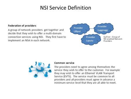 NSI Service Definition Federation of providers A group of network providers get together and decide that they wish to offer a multi-domain connection services.