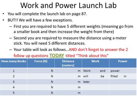 Work and Power Launch Lab You will complete the launch lab on page 87. BUT!! We will have a few exceptions. – First you are required to have 5 different.