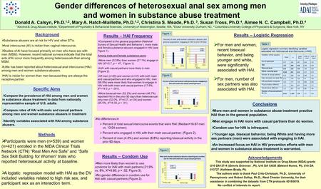 Background  Substance abusers are at risk for HIV and other STIs.  Anal intercourse (AI) is riskier than vaginal intercourse.  Studies of AI have focused.