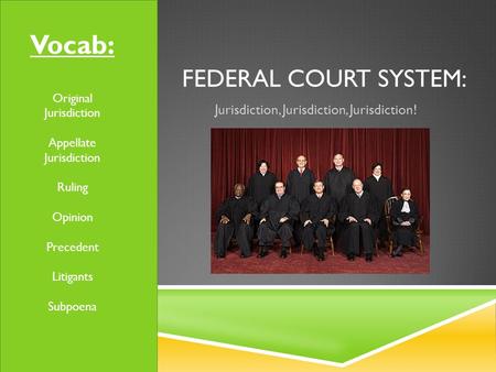 FEDERAL COURT SYSTEM: Jurisdiction, Jurisdiction, Jurisdiction! Vocab: Original Jurisdiction Appellate Jurisdiction Ruling Opinion Precedent Litigants.