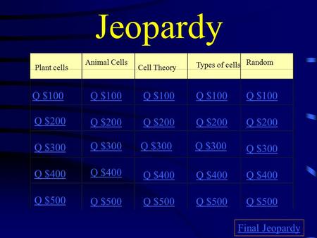 Jeopardy Plant cells Animal Cells Cell Theory Types of cells Random Q $100 Q $200 Q $300 Q $400 Q $500 Q $100 Q $200 Q $300 Q $400 Q $500 Final Jeopardy.