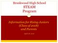 Brookwood High School STEAM Program Information for Rising Juniors (Class of 2018) and Parents April 18. 2016 1.