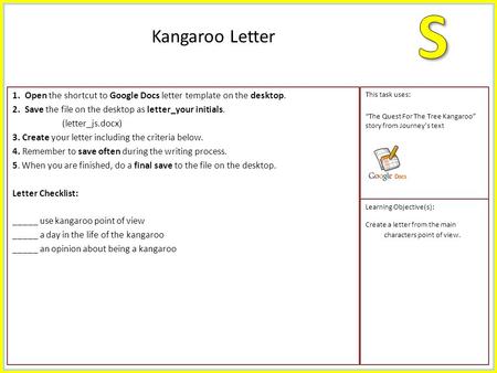 1.Open the shortcut to Google Docs letter template on the desktop. 2.Save the file on the desktop as letter_your initials. (letter_js.docx) 3. Create your.