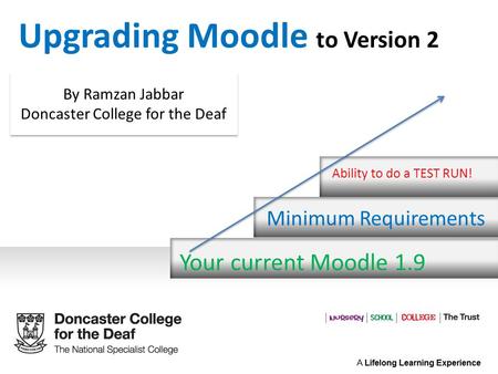 Your current Moodle 1.9 Minimum Requirements Ability to do a TEST RUN! Upgrading Moodle to Version 2 By Ramzan Jabbar Doncaster College for the Deaf By.