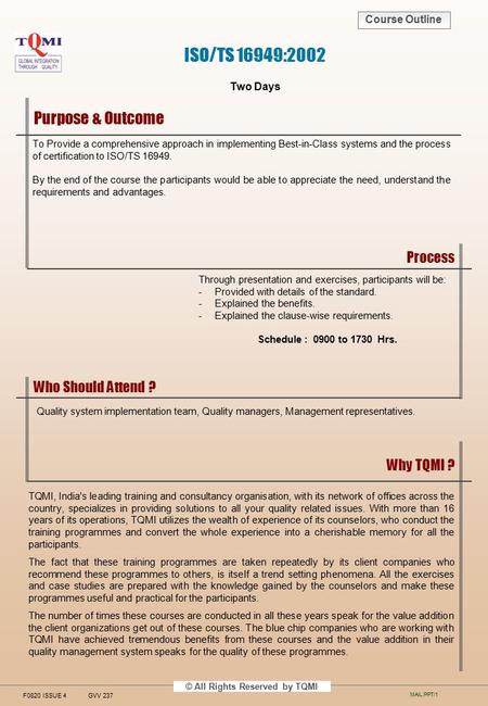 Course Outline MAIL.PPT/1 © All Rights Reserved by TQMI TQMI, India's leading training and consultancy organisation, with its network of offices across.