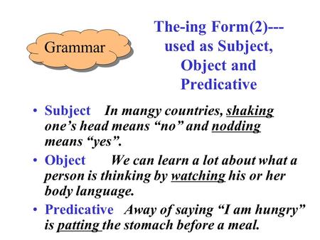 The-ing Form(2)--- used as Subject, Object and Predicative Subject In mangy countries, shaking one’s head means “no” and nodding means “yes”. Object We.