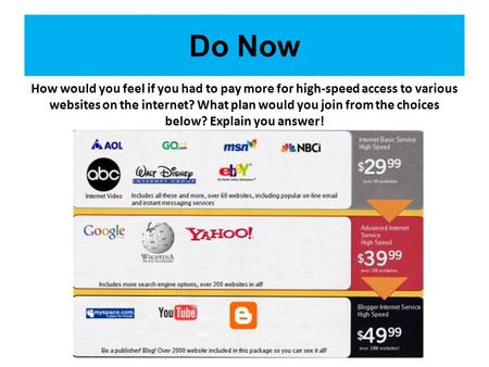 Do Now How would you feel if you had to pay more for high-speed access to various websites on the internet? What plan would you join from the choices below?