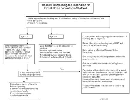 Hepatitis B screening and vaccination for Slovak Roma population in Sheffield. Age >16 1/Start standard schedule of hepatitis B vaccination if history.