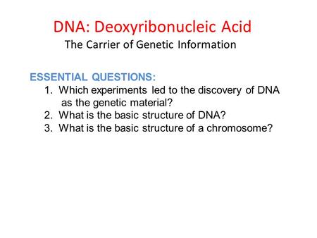 DNA: Deoxyribonucleic Acid The Carrier of Genetic Information ESSENTIAL QUESTIONS: 1. Which experiments led to the discovery of DNA as the genetic material?