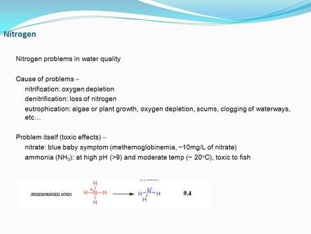 Nitrogen Nitrogen problems in water quality Cause of problems – nitrification: oxygen depletion denitrification: loss of nitrogen eutrophication: algae.