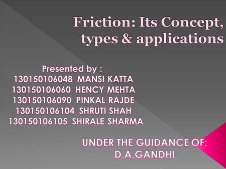 Friction is a force between two surfaces that are sliding, or trying to slide across one another, for example when you try to push a toy car along the.