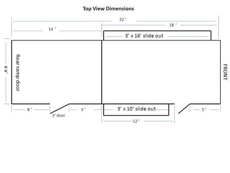 3’ door 32 ‘ 14 ‘ 18 ‘ Rear ramp door 8’4” 3’ x 16’ slide out 3’ x 10’ slide out 3 ‘ 8 ‘ 12 ‘ FRONT Top View Dimensions.