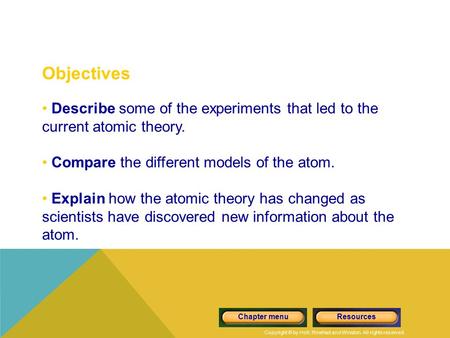 Copyright © by Holt, Rinehart and Winston. All rights reserved. ResourcesChapter menu Objectives Describe some of the experiments that led to the current.