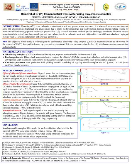 4 th International Congress of the European Confederation of Soil Science Societies (ECSSS). 2-6 July 2012, Bari – Italy. Removal of Cr (VI) from industrial.