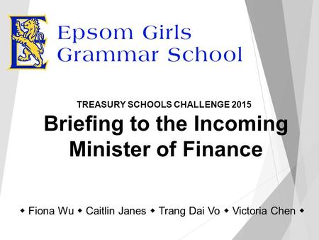 Briefing to the Incoming Minister of Finance TREASURY SCHOOLS CHALLENGE 2015  Fiona Wu  Caitlin Janes  Trang Dai Vo  Victoria Chen 