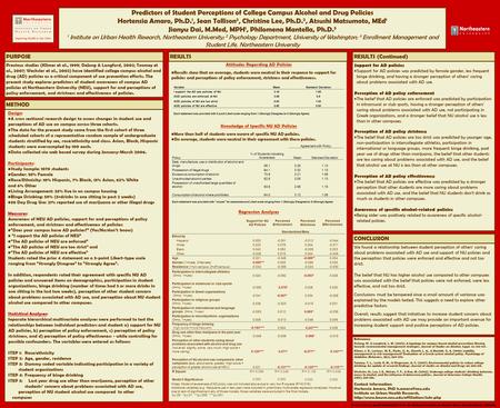 Printed by www.postersession.com Predictors of Student Perceptions of College Campus Alcohol and Drug Policies Hortensia Amaro, Ph.D. 1, Sean Tollison.