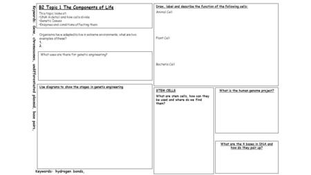 Keywords: Gene, chromosomes, undifferentiated plasmid, base pairs, Keywords: hydrogen bonds, B2 Topic 1 The Components of Life This topic looks at: DNA.