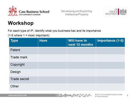 1 © 2011-12 Constellation Capital Limited. All rights reserved. Developing and Exploiting Intellectual Property Workshop For each type of IP, identify.